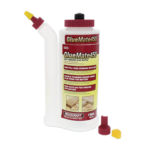 Milescraft 5223 Glue Mate 450-15oz. (450ml) Precision Wood Glue Bottle - Anti-Drip - Dowel and Biscuit Tips Included - Easy Flow Multi-Chamber Des...
